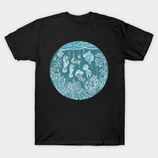 Under the Sea Lino Print Porthole with Fish, Seahorses and Seaweed T-Shirt